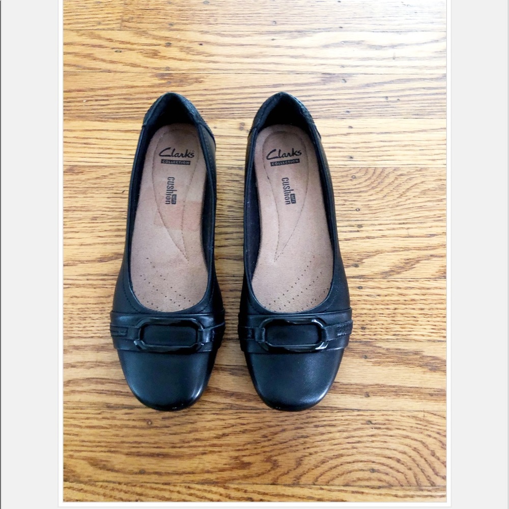 Clarks Black Leather Slip-On Flats with Buckle Detail